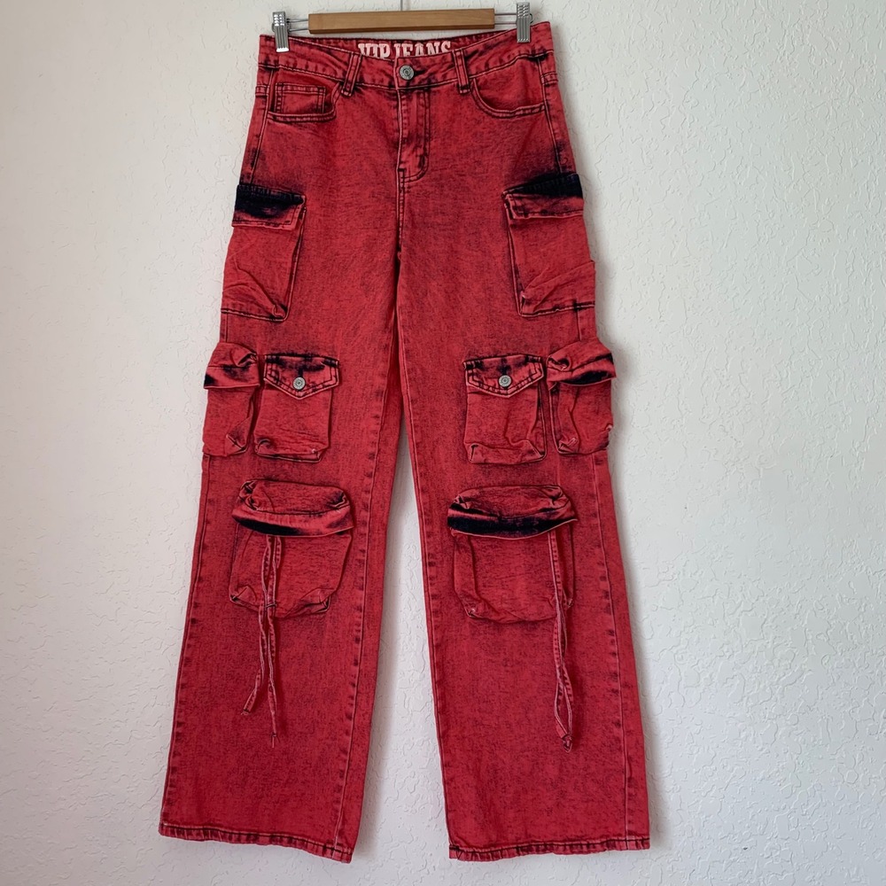 VIP Jeans Cargo Pants Women 7/28 Red Acid Wash Wide Leg Streetwear Grunge Goth